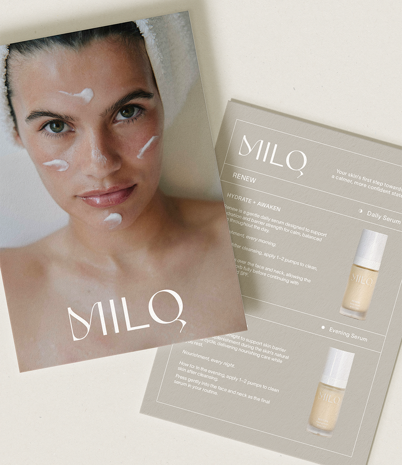 A beauty advertisement featuring a woman's face with skincare product text and images, including face cream bottles, on a light background.