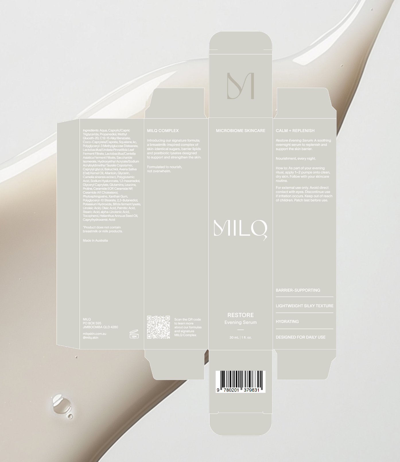 Packaging box for MILQ Evening Serum. Gray and white design with product information, ingredients, and usage instructions. Contains 30 mL of serum, designed for nightly skincare.