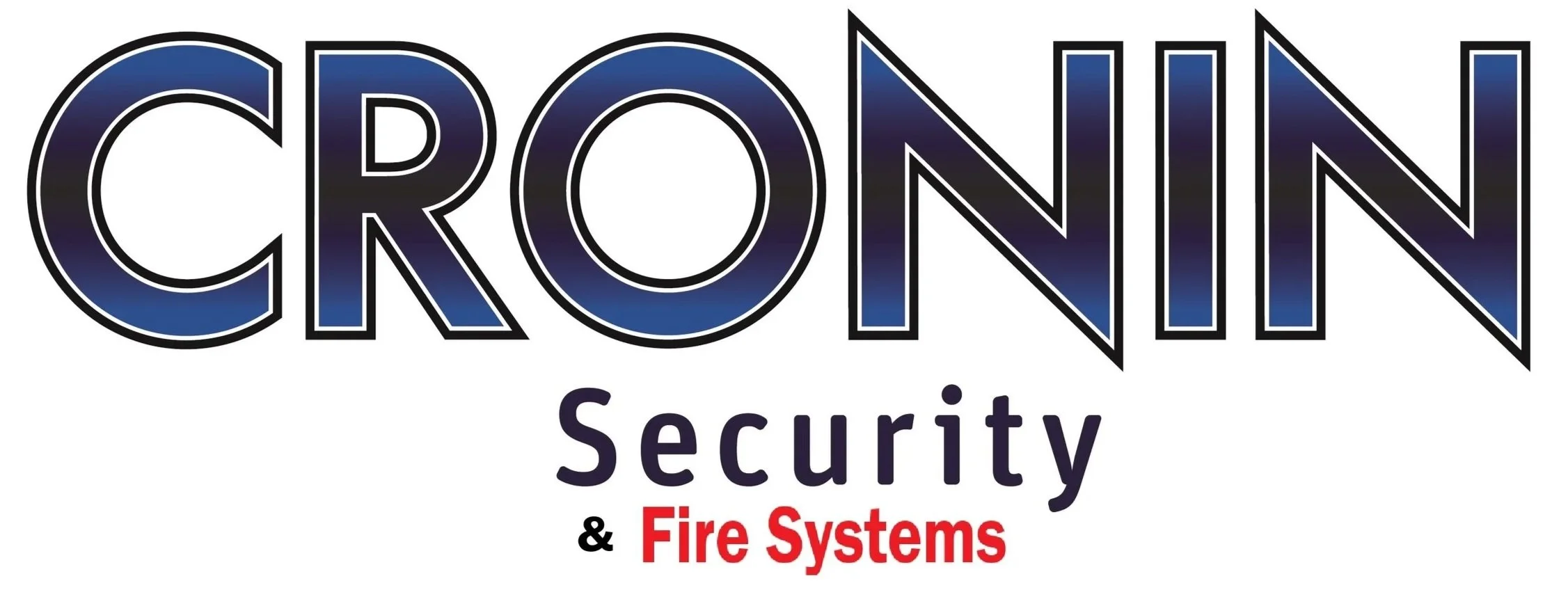 Logo of Cronin Security & Fire Systems, featuring the company name with a dark blue gradient and black outline, and the services in purple and red text.