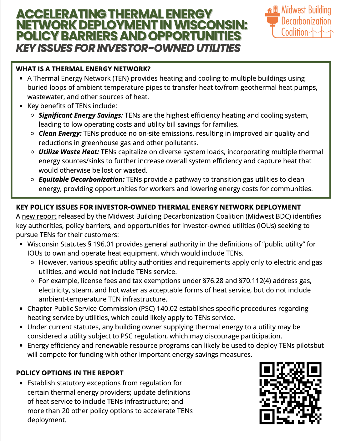 A detailed informational flyer titled "Accelerating Thermal Energy Network Deployment in Wisconsin: Policy Barriers and Opportunities." It includes sections explaining what a thermal energy network (TEN) is, benefits like energy savings, clean energy, waste heat utilization, and decarbonization. It also discusses policy issues for investor-owned utilities, including a new report, Wisconsin statutes, Public Service Commission regulations, and funding considerations. The flyer features the logo of the Midwest Building Decarbonization Coalition in orange, with wind turbine icons, and a QR code at the bottom right corner.