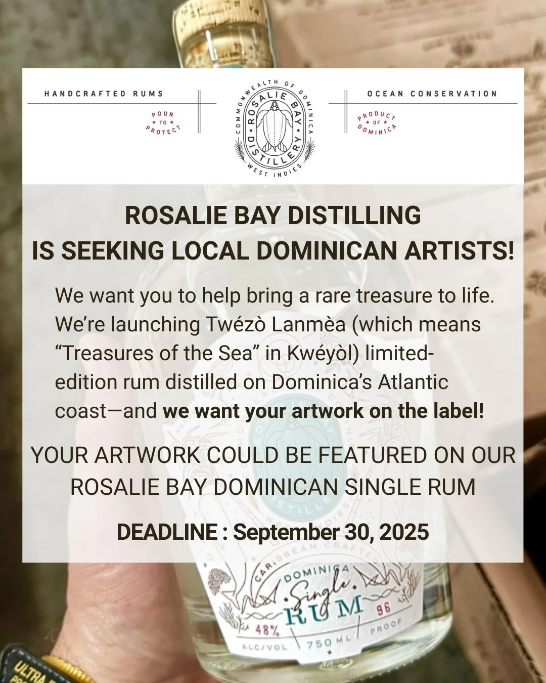 Dominican Artists - we want your artwork for our label!  Interested?  Check out our website NEWS &amp; EVENTS page for full info!

Did you know our organic, Caribbean crafted @RosalieBayDistillery single rum is produced and shipped sustainably? We ca