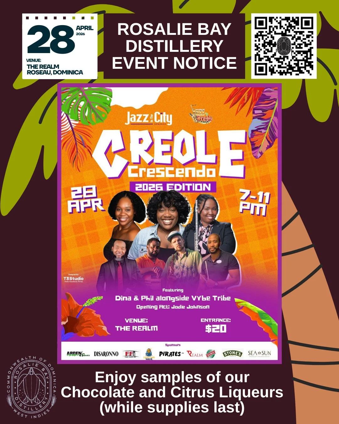 Join @RosalieBayDistillery this weekend at the Jazz in the City event April 28 in Roseau! We will have samplings available (while supplies last) of our new liqueur series &ndash; come tell us what your favorite is: our chocolate or citrus liqueur!⁠
⁠