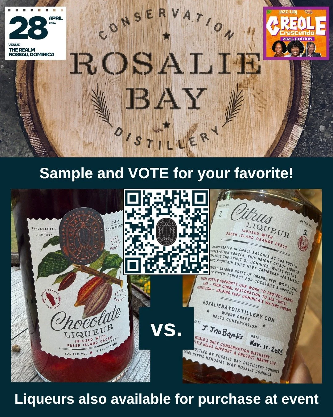 Come sample and vote for your favorite!  Join @RosalieBayDistillery at the Jazz in the City event April 28 in Roseau! We will have samplings available (while supplies last) of our new liqueur series &ndash; come tell us what your favorite is: our cho