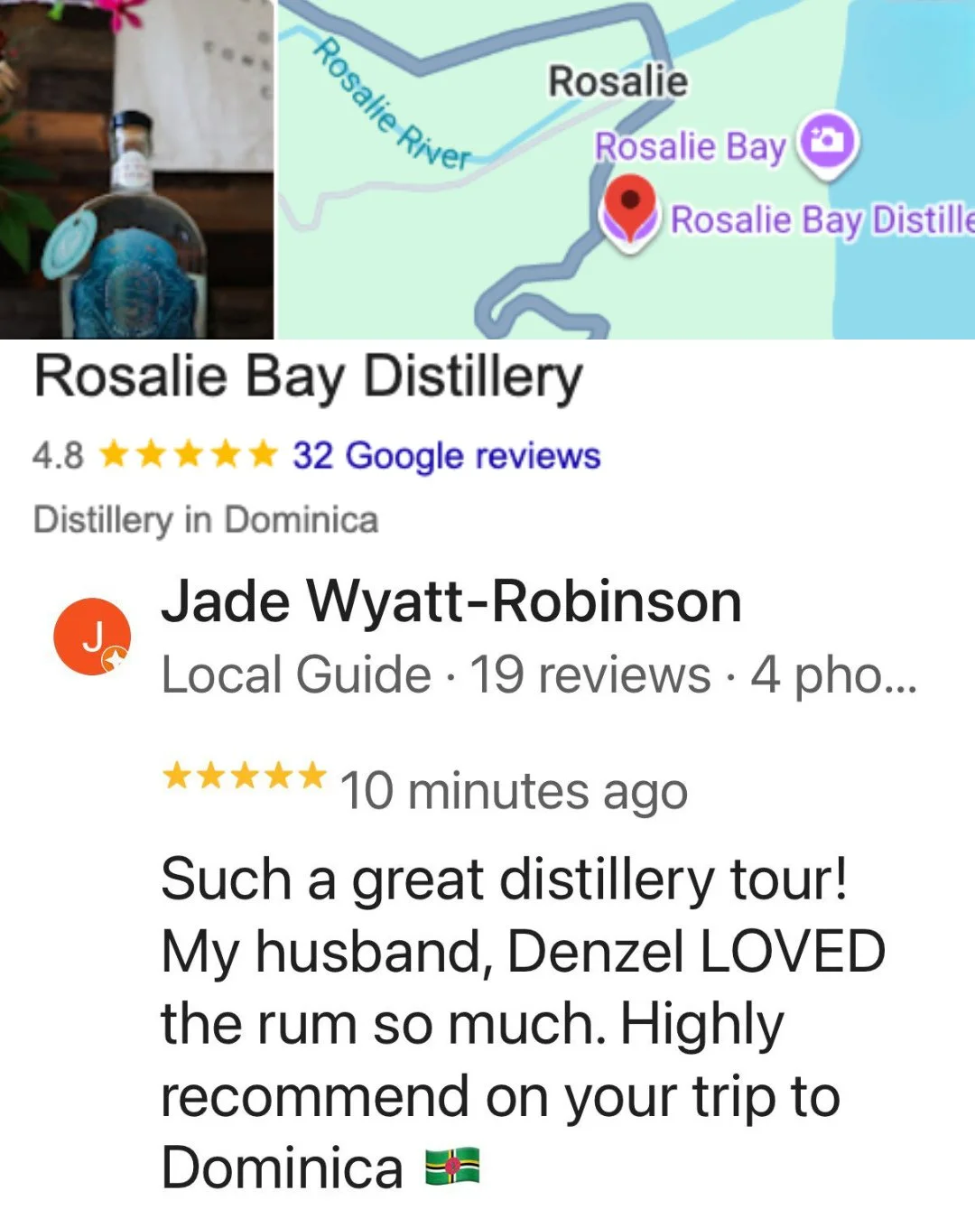 Thank you Jade for the wonderful review!  Have you ever thought about writing us a review? You can always drop a comment on our Google bio!⁠
⁠
https://maps.app.goo.gl/5mhVwjUVNrHXAkHf9⁠
⁠
....⁠
Did you know at @RosalieBayDistillery, our organic Carib