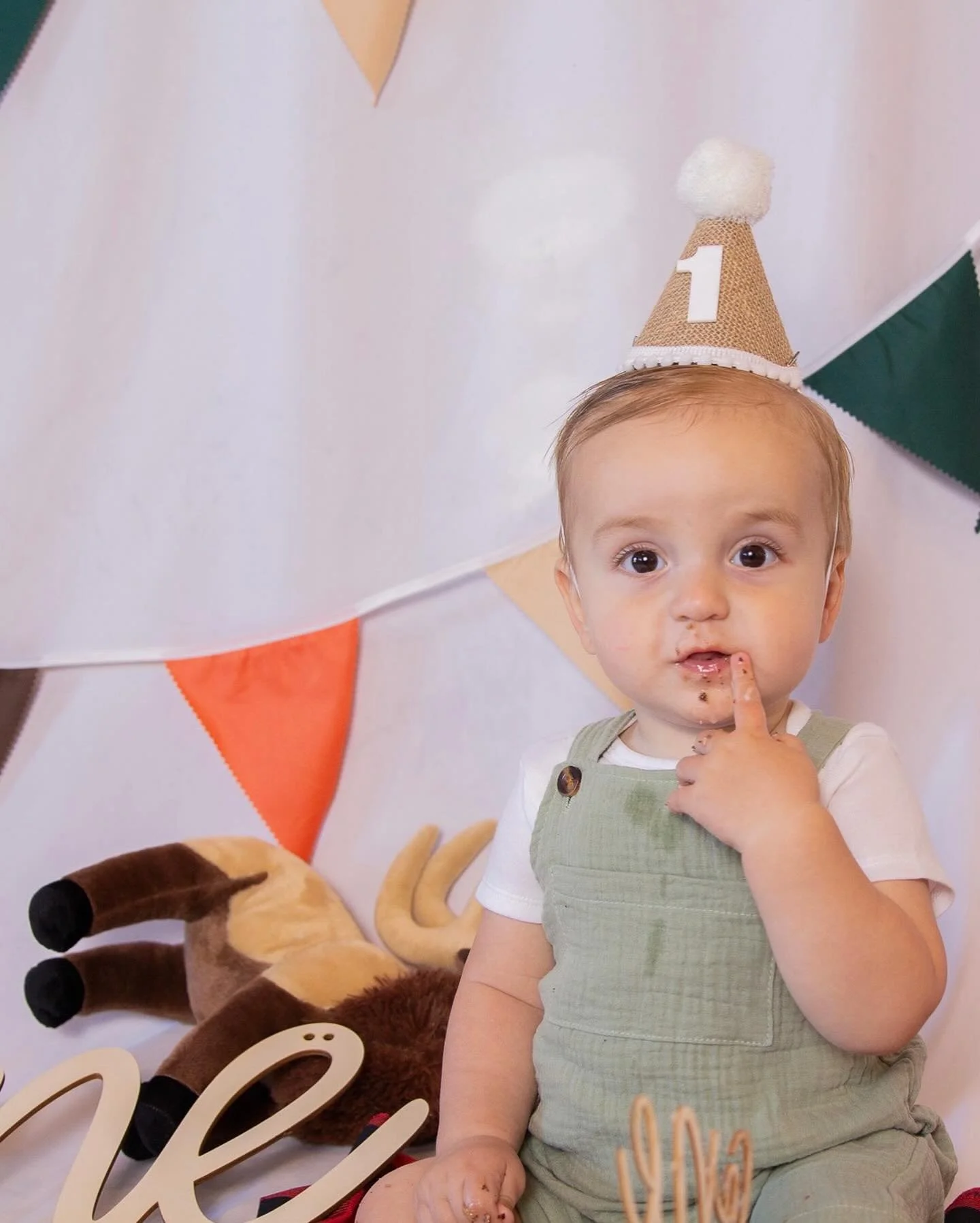 Smash cake for his first birthday! 🦌 🎂 
This tree trunk cake was made by their nanny, isn&rsquo;t she talented?!