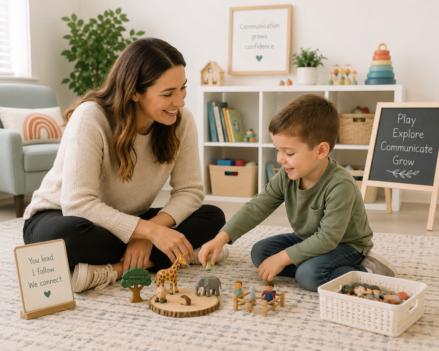 Speech-language pathologist engaging in child-led play therapy with a young child in a pediatric therapy office.