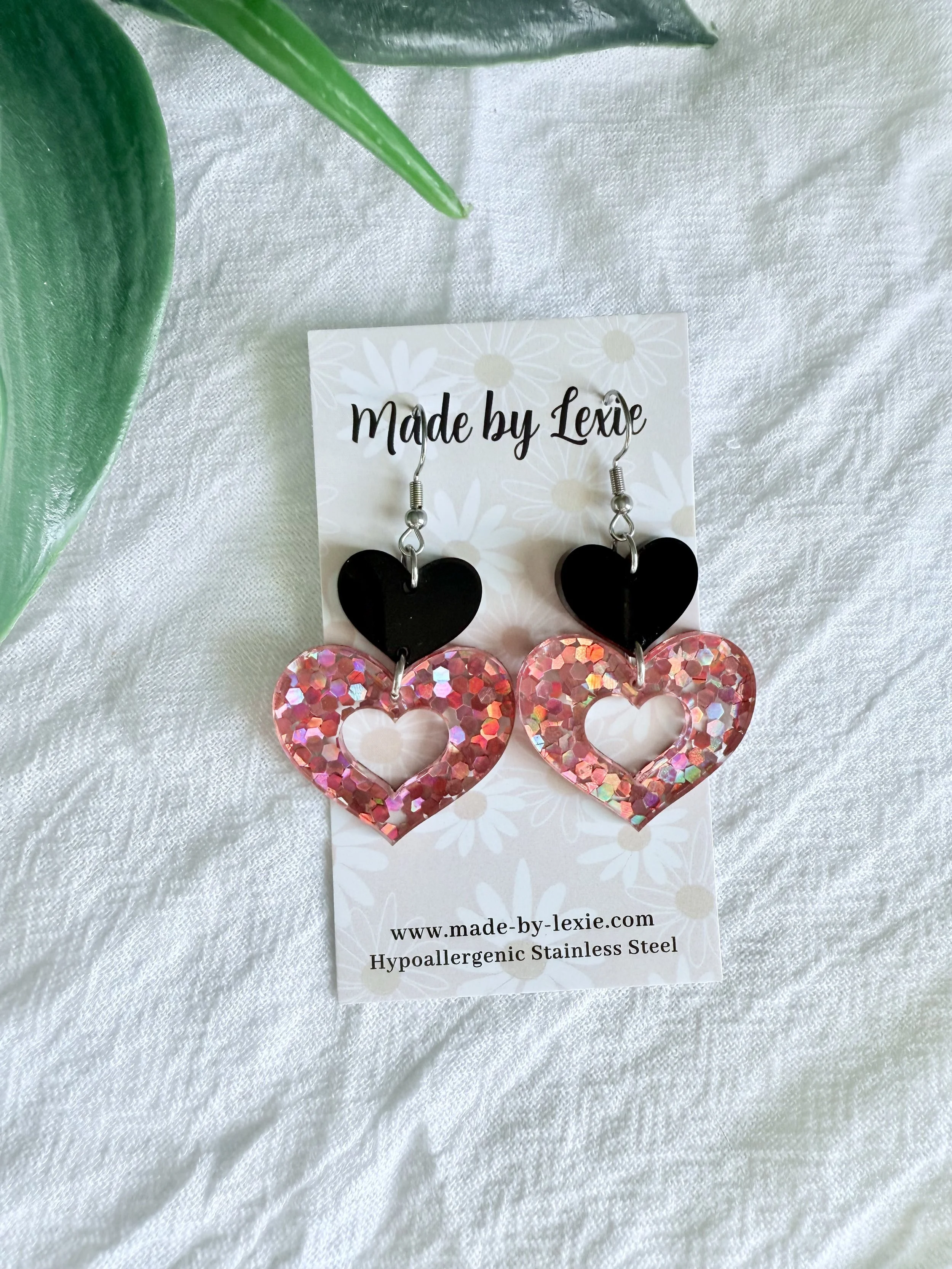 Pink & Black Heart Earrings