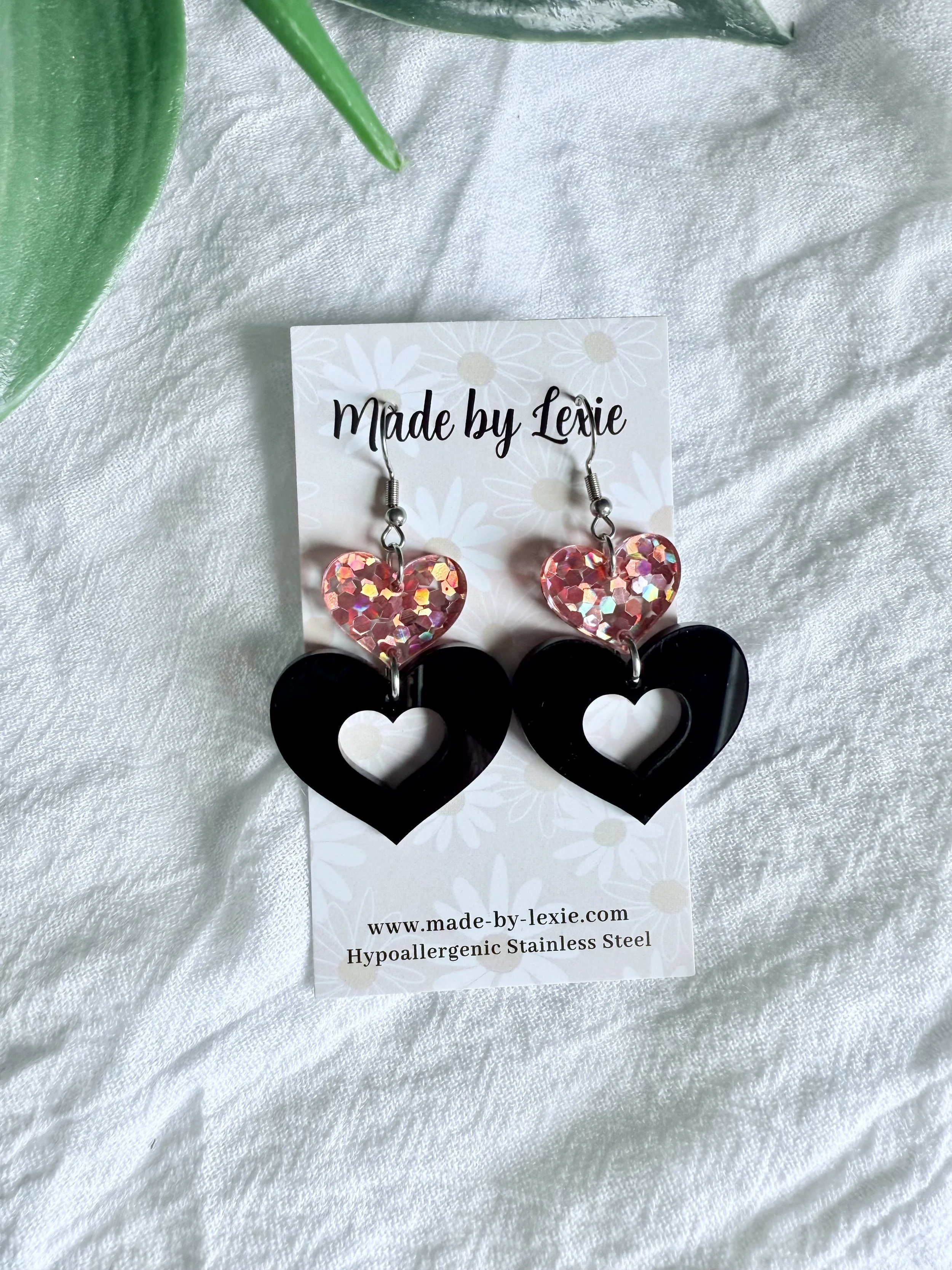 Black & Pink Heart Earrings