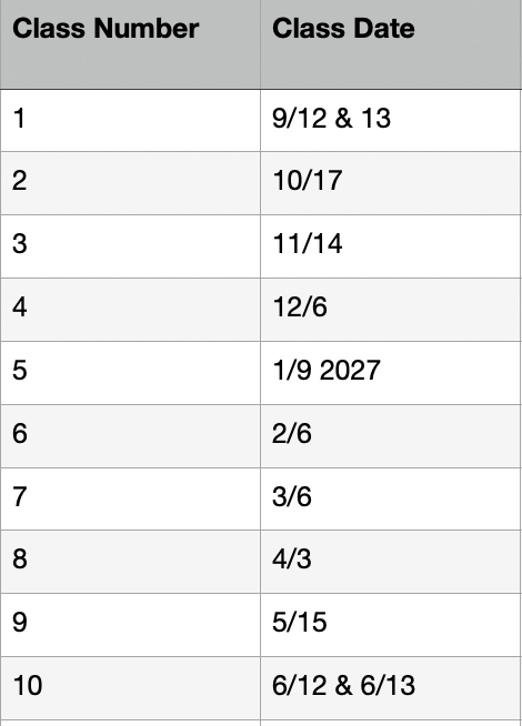 A table showing class numbers, with class dates ranging from September 12, 2023 to June 12, 2024, including some multiple dates.
