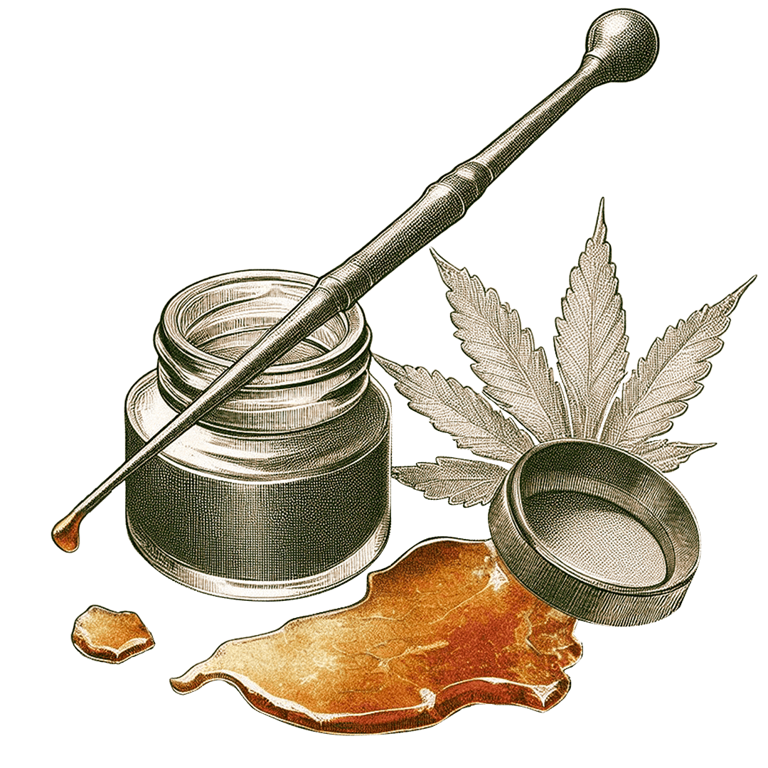 illustration of dab tool, dabbing shatter, a container and a cannabis leaf