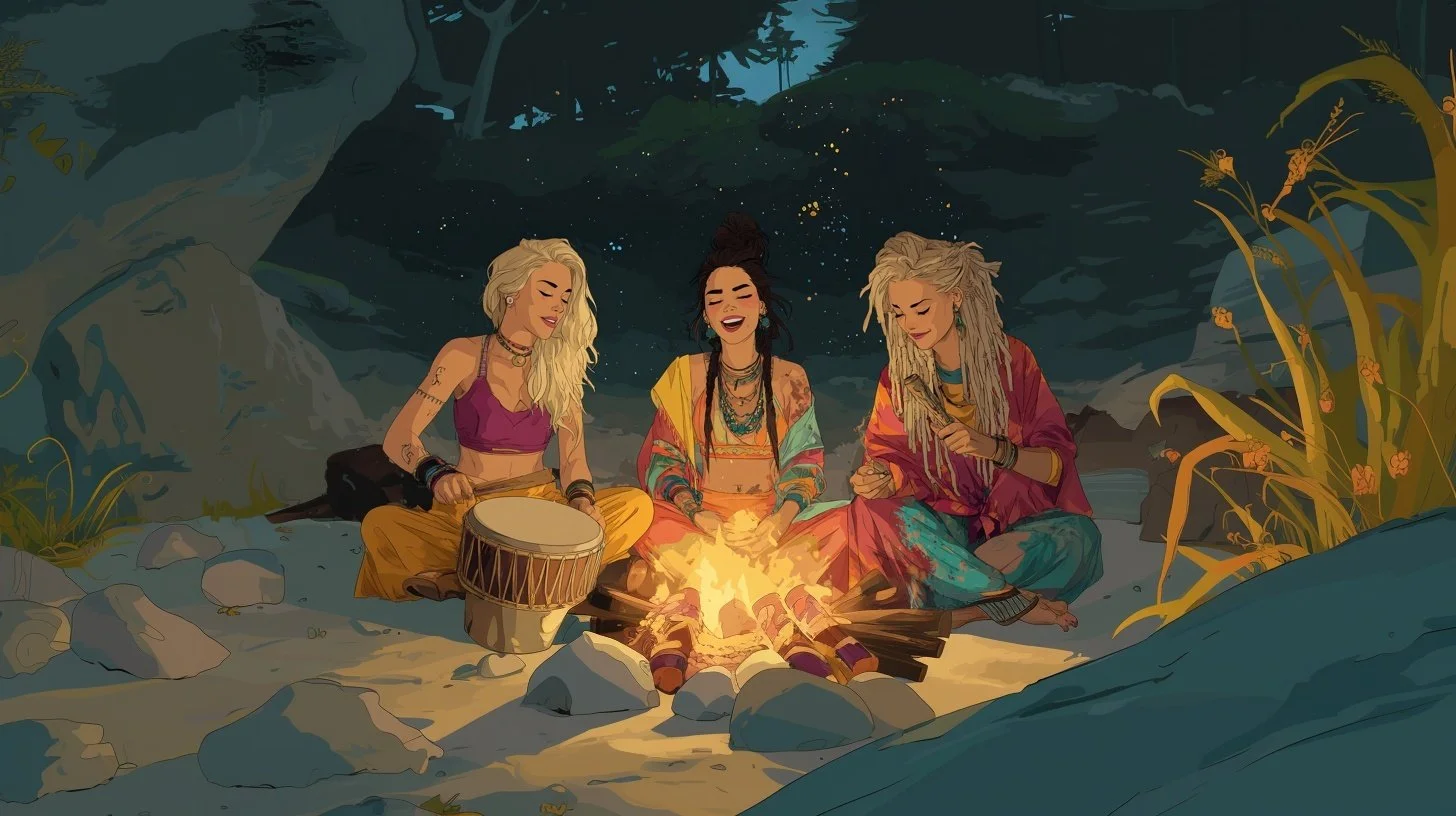 Fire Drumming Ceremony Around a Bonfire