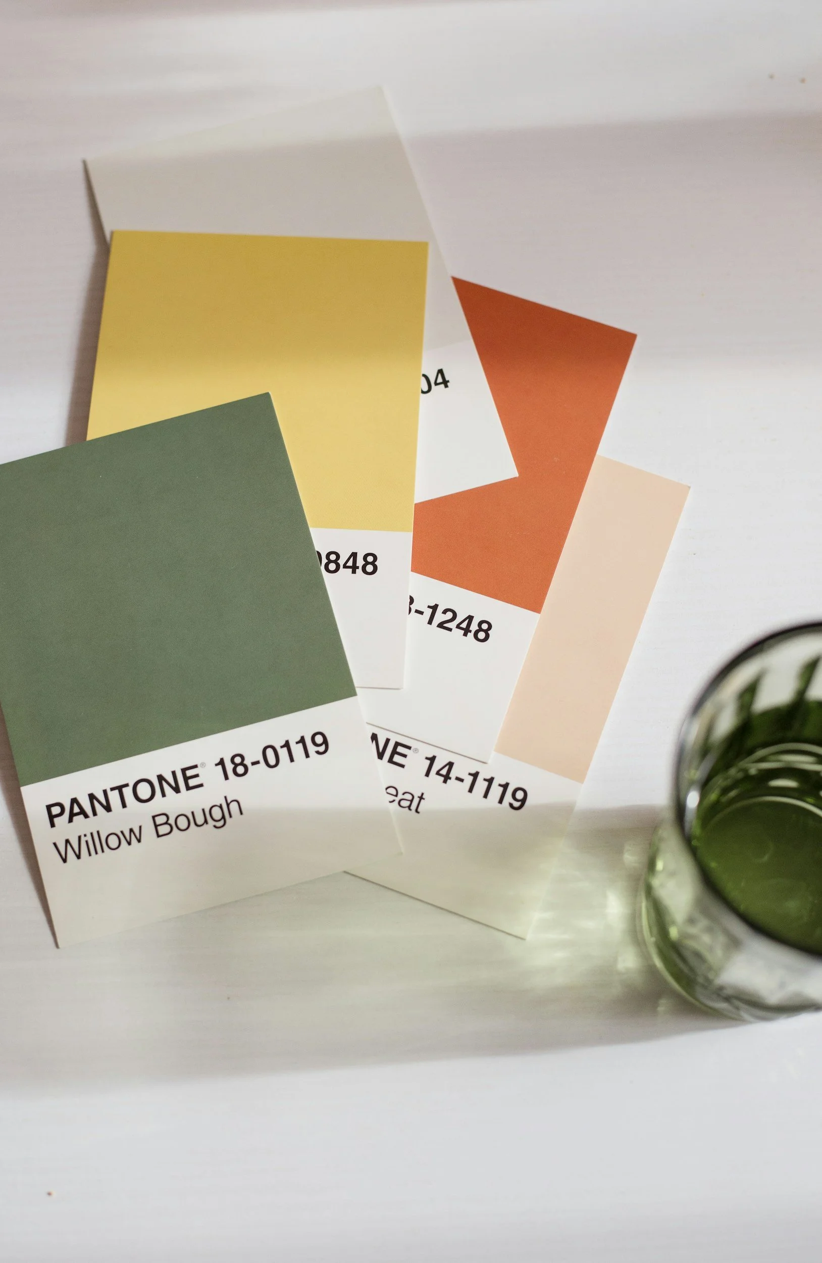 Color samples of paint swatches labeled with Pantone codes and names, arranged on a white surface with a glass of green liquid in the bottom right corner.