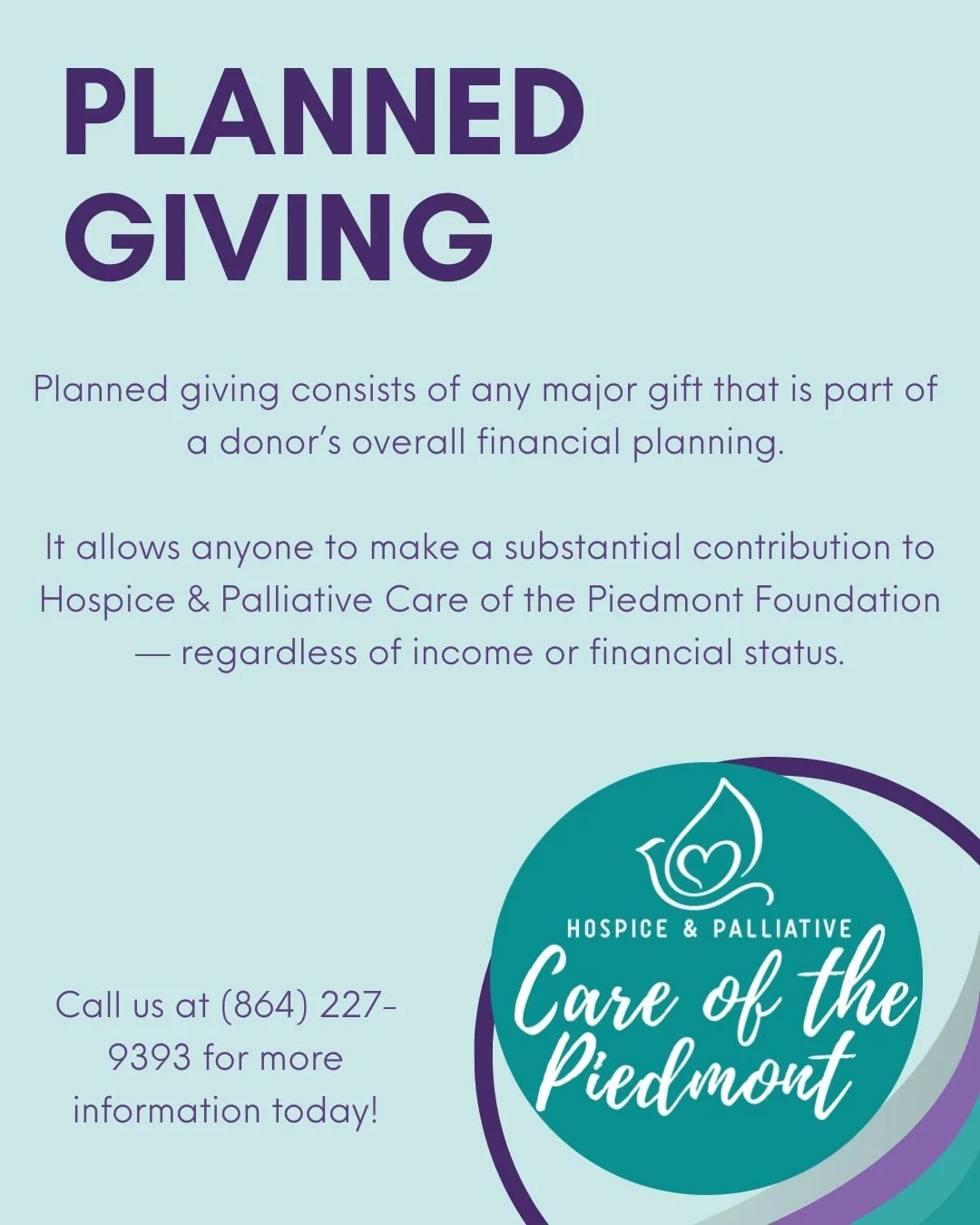 Planned giving is an easy and accessible way to protect your assets and provide income. While making a difference today, planned giving ensures that Hospice & Palliative Care of the Piedmont can continue our mission far into the future!ππ
 #Ho