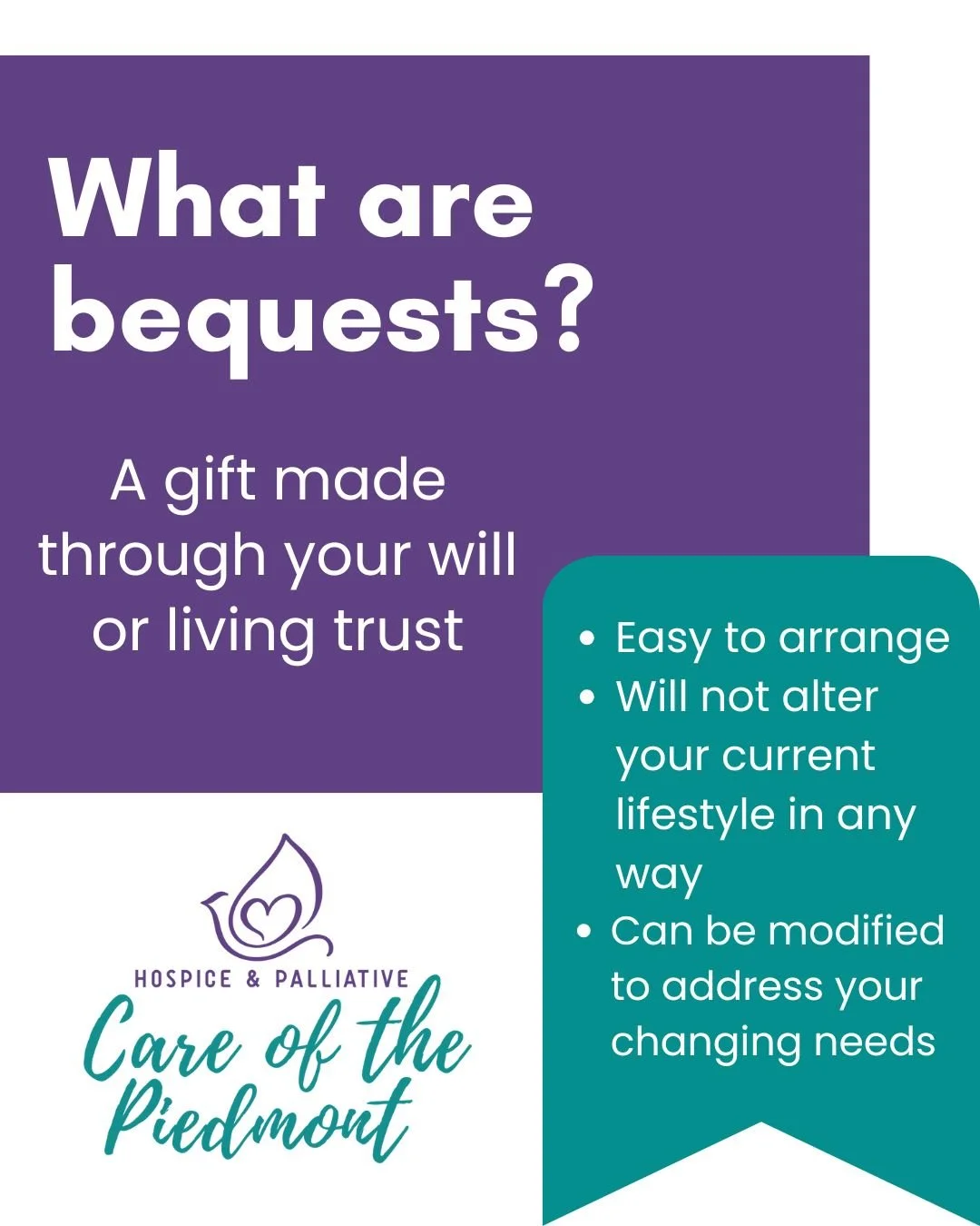 Creating a will is a necessary component of financial wellbeing, and bequests are one of the best ways to give back to the community.π
They are the easiest donation to give, as they cost nothing during your lifetime and can be updated as needed. If