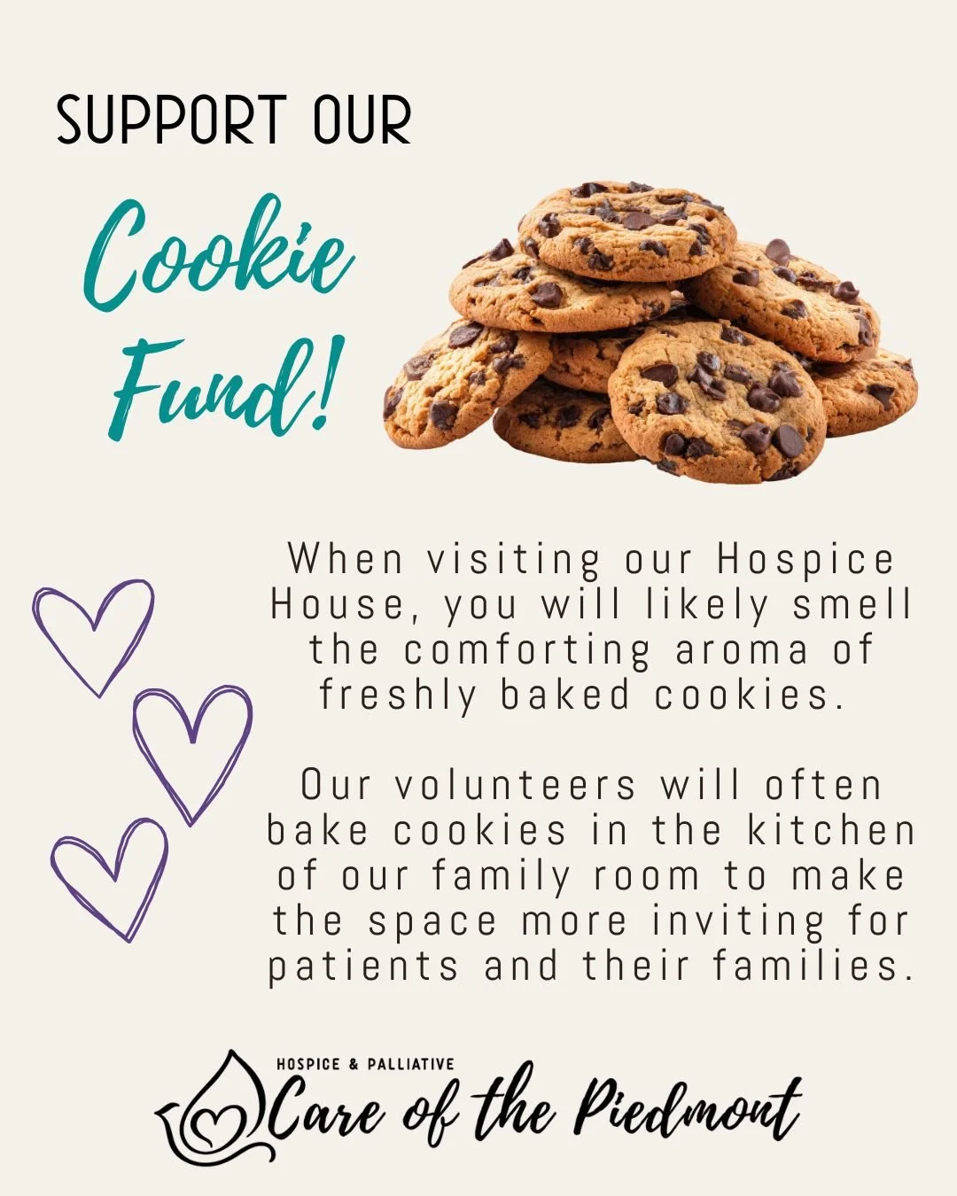 Did you know we have a Cookie Fund here at Hospice &amp; Palliative Care of the Piedmont? 🍪👨&zwj;🍳 Our Hospice House volunteers will often bake cookies for visitors in the kitchen of our family room. ❤

Interested in making a donation? Check out t