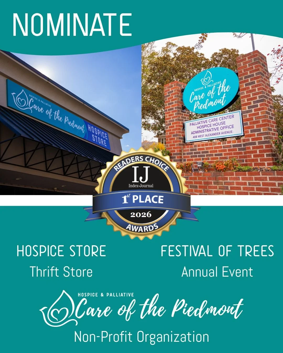 The Index Journal is accepting nominations for their 2026 Reader's Choice Awards now through February 10! 🌟🏆

Please consider nominating Hospice &amp; Palliative Care of the Piedmont for best non-profit, our Hospice Stores for best thrift store, an