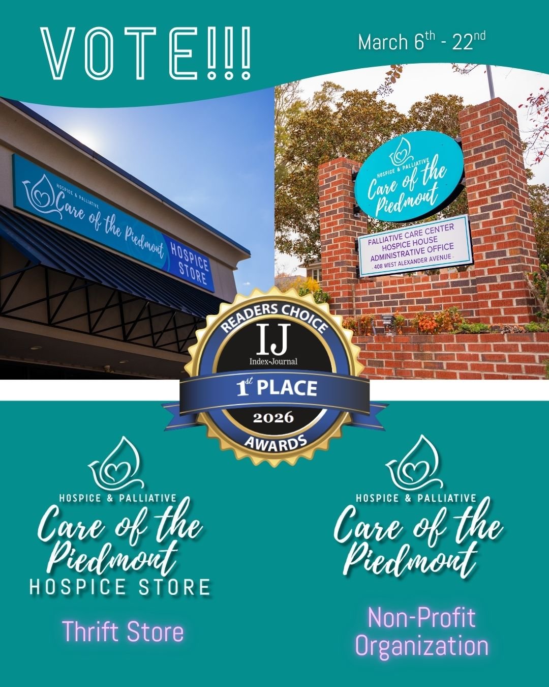 The voting phase for the 2026 Reader's Choice Awards has officially begun, and we need your vote! 🗳

Please consider voting for Hospice &amp; Palliative Care of the Piedmont as BEST NON-PROFIT and our Hospice Store as BEST THRIFT STORE in the 2026 R