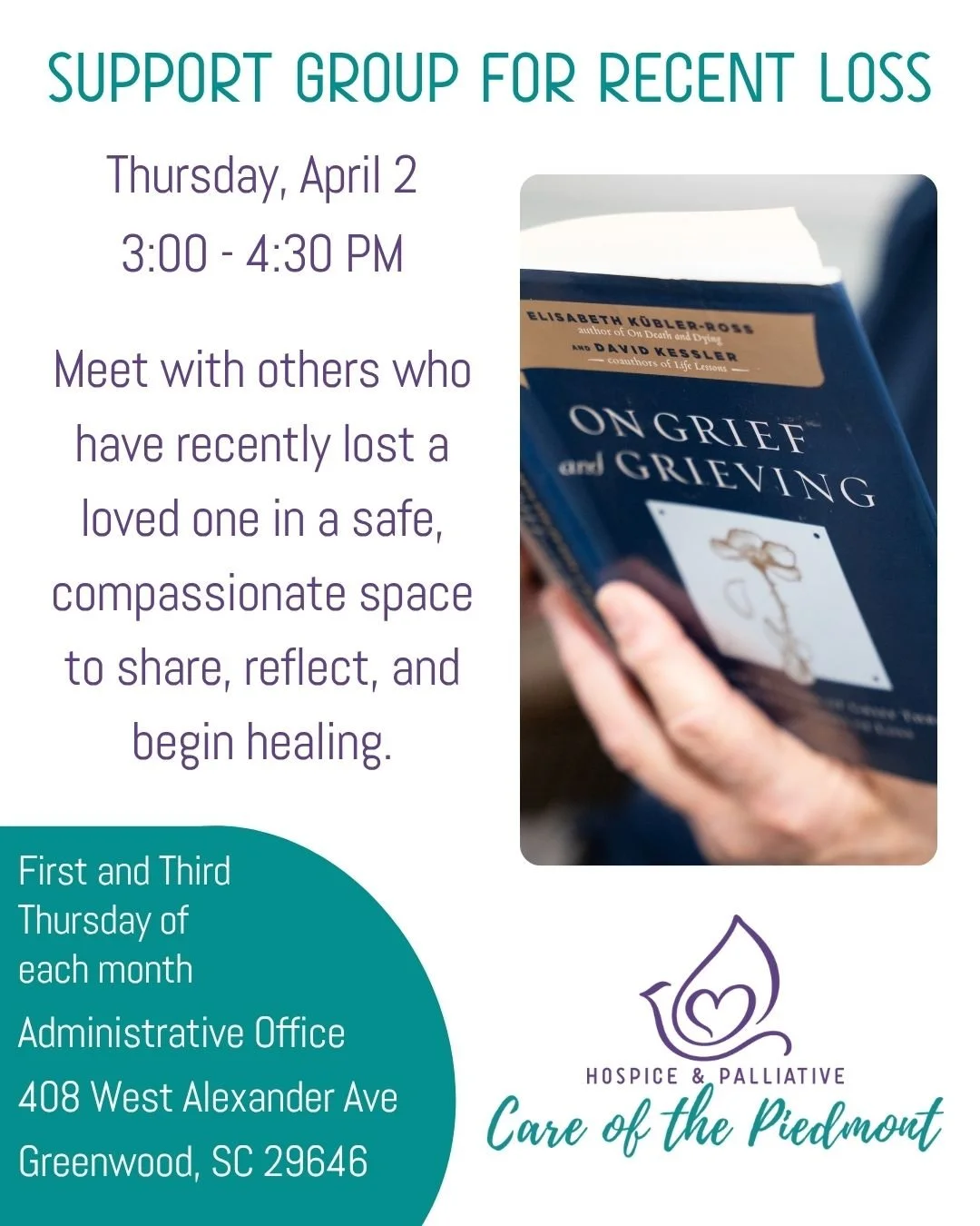 Tomorrow we will host our Support Group for Recent Loss from 3:00 - 4:30 PM in our administrative office building. This group is open to the community and provides care for individuals who have recently lost a loved one.

We offer several support gro