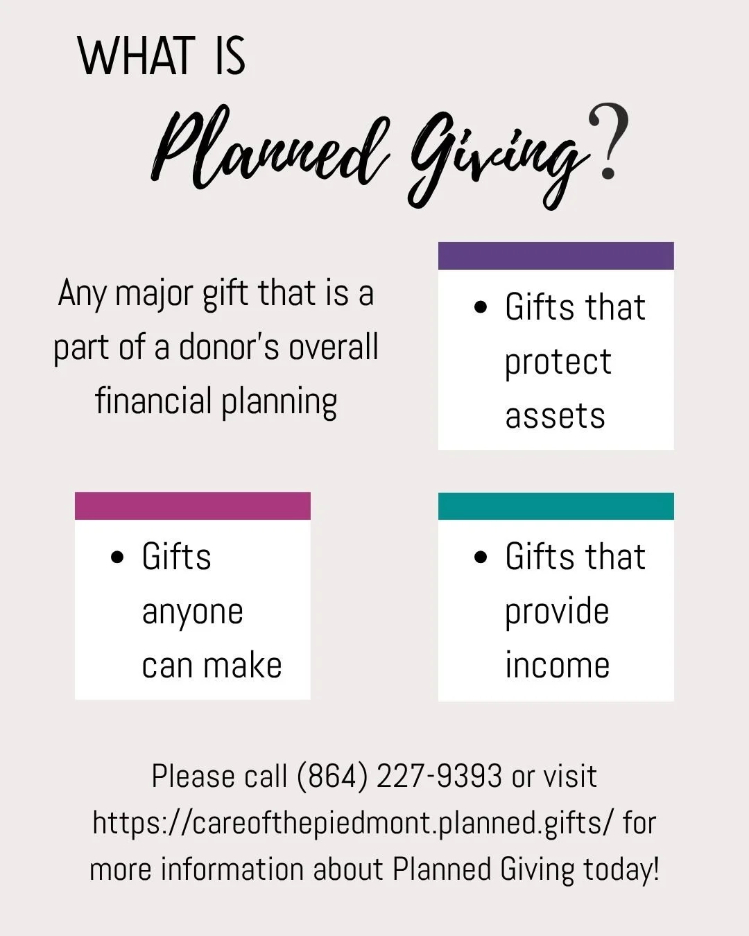 Planned giving allows anyone to make a substantial contribution to
Hospice &amp; Palliative Care of the Piedmont Foundation &mdash; regardless of income or financial status. It is a way to level the playing field, giving everyone a chance to become a