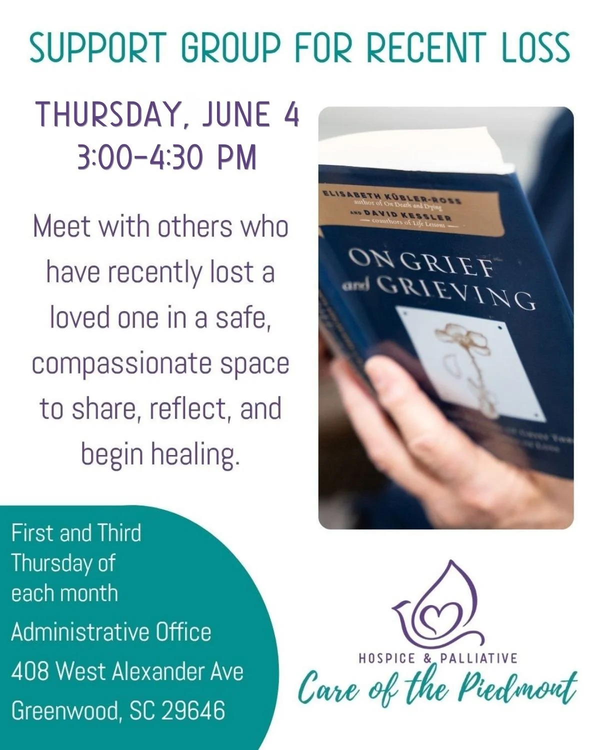 💙 Have you experienced the loss of a loved one?

Join us this Thursday from 3:00&ndash;4:30 PM for our Support Group for Recent Loss at Hospice &amp; Palliative Care of the Piedmont's Administrative Office, 408 West Alexander Avenue, Greenwood, SC.
