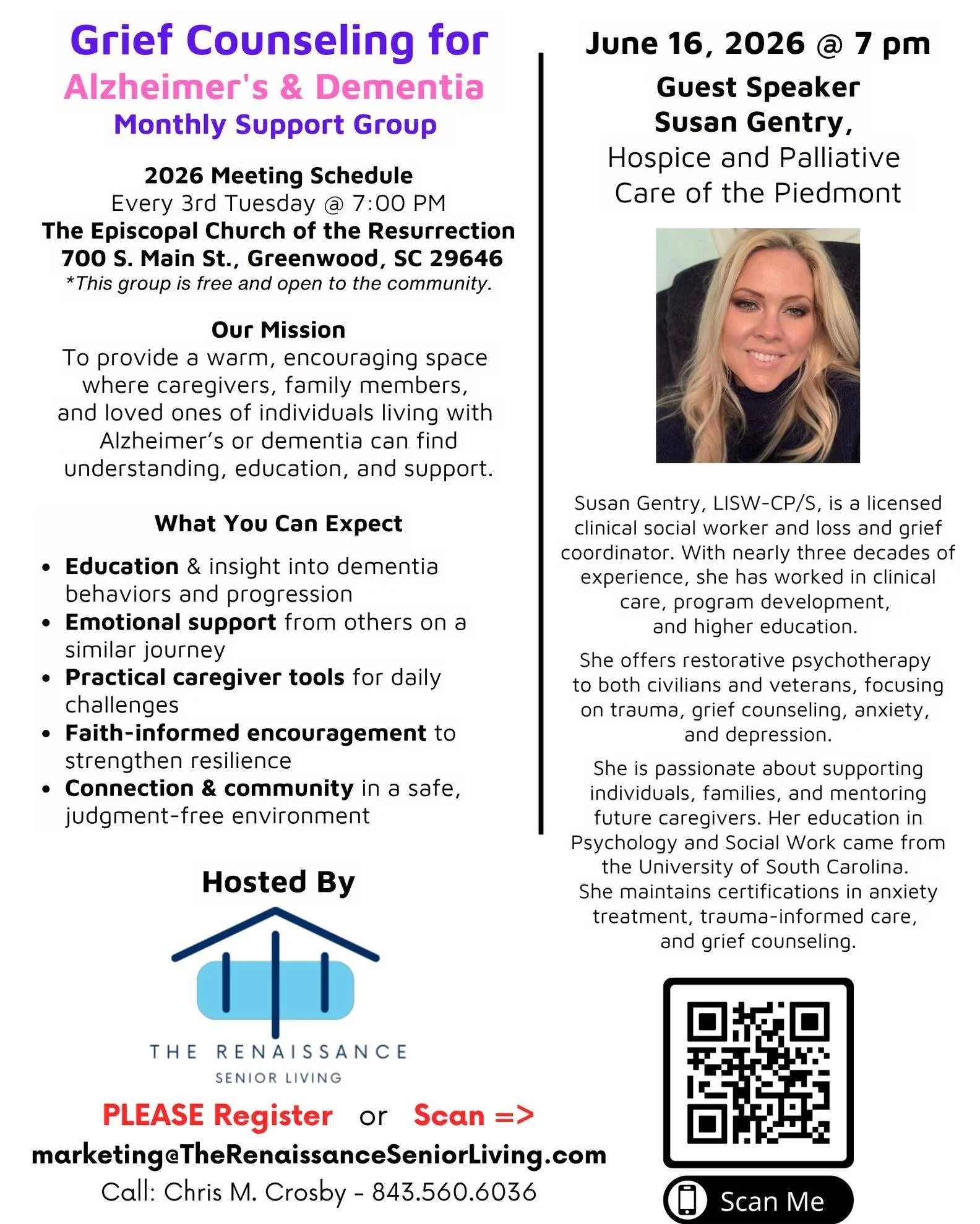 💜 Join our own Susan Gentry, LISW-CP/S, as a guest speaker for the Grief Counseling for Alzheimer's &amp; Dementia Monthly Support Group.

📅 Tuesday, June 16
📍 The Renaissance Senior Living

This informative and supportive program is free and open
