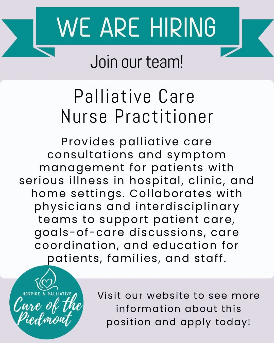 Here&rsquo;s a version with hashtags:

We&rsquo;re hiring a Palliative Care Nurse Practitioner to join our compassionate team! If you&rsquo;re passionate about providing exceptional care and support for patients with serious illness, we&rsquo;d love 