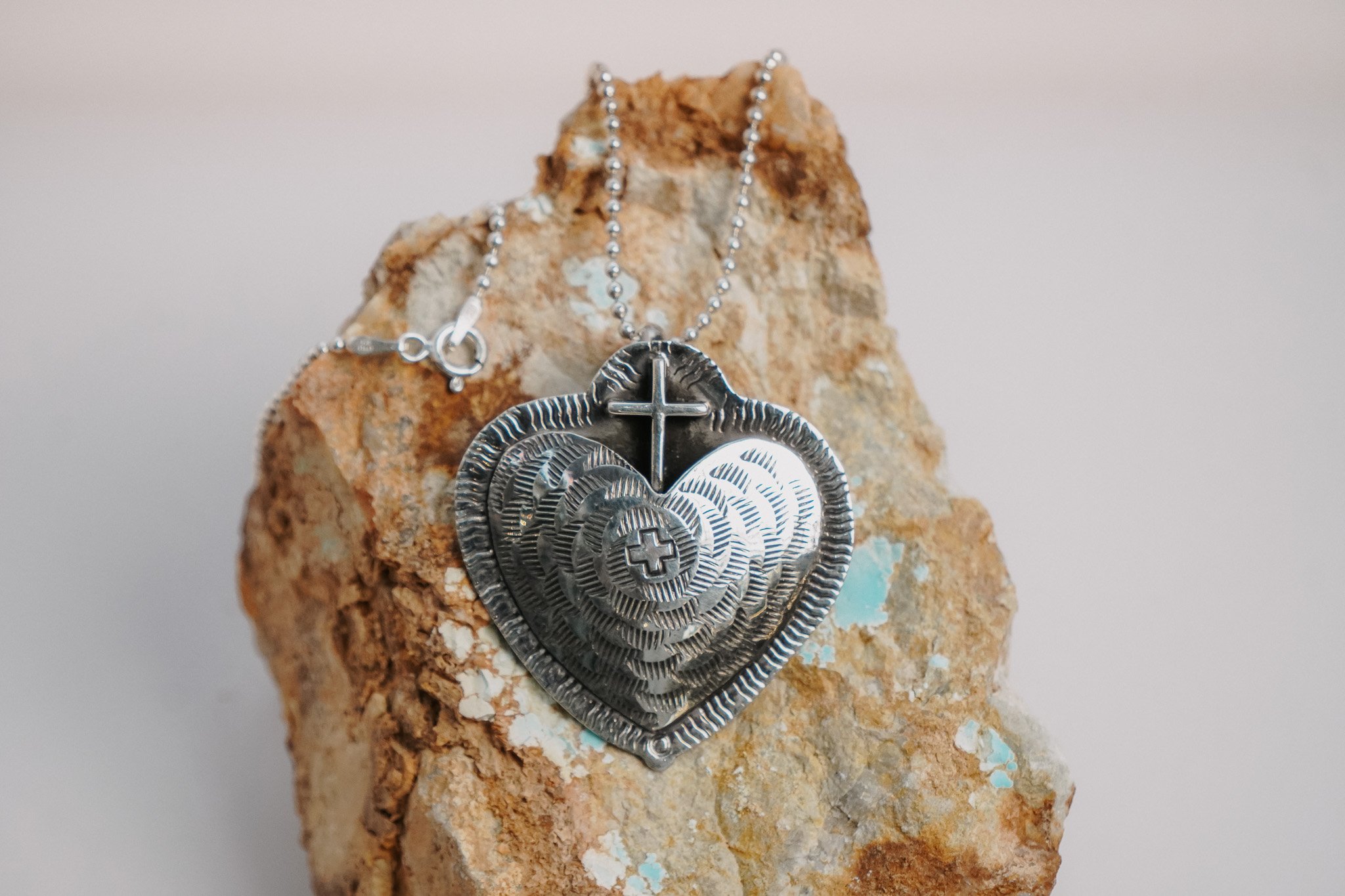 Handstamped Heart Pendant with Cross Accent and Chain