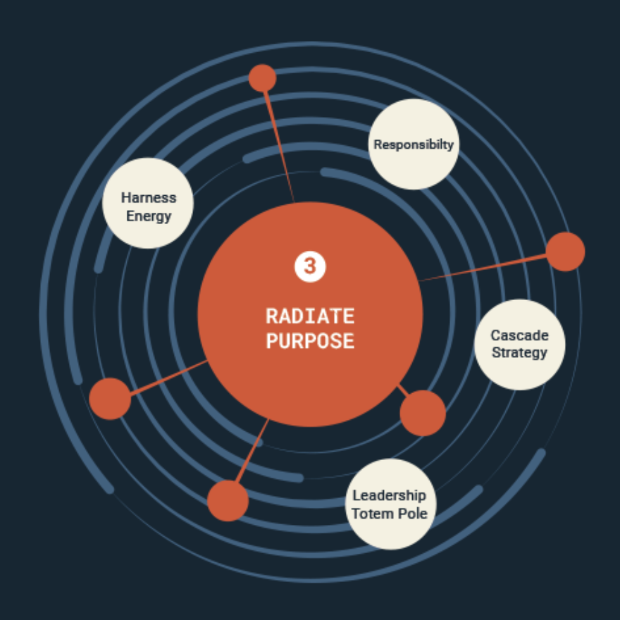 Diagram with concentric circles centered on a large red circle labeled 'Radiate Purpose.' Surrounding it are smaller circles labeled 'Harness Energy,' 'Responsibility,' 'Cascade Strategy,' 'Leadership Totem Pole,' and connecting lines to additional red circles.