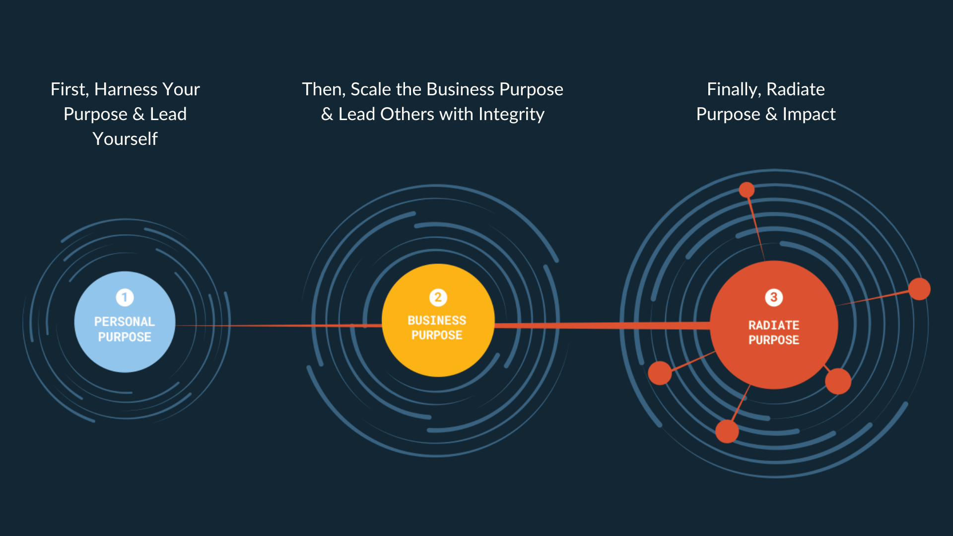 Flowchart illustrating three steps: First, harness your purpose and lead yourself with a blue circle labeled "Personal Purpose." Then, scale the business purpose with a yellow circle labeled "Business Purpose." Finally, radiate purpose with a red circle labeled "Radiate Purpose," connected to the previous circles with lines. Each circle has concentric lines indicating movement or growth.