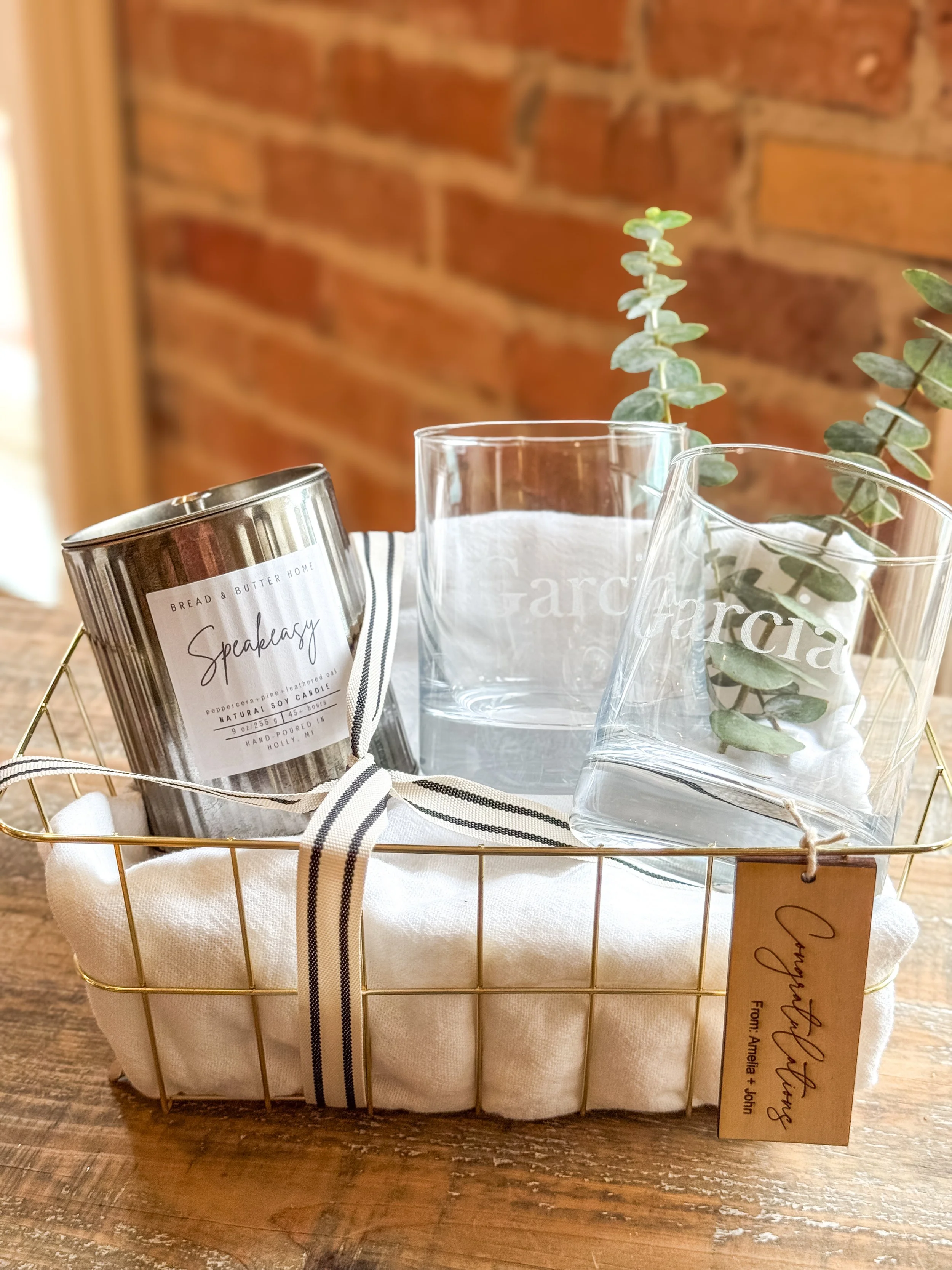 Personalized Gift Basket with rocks glasses and Candle