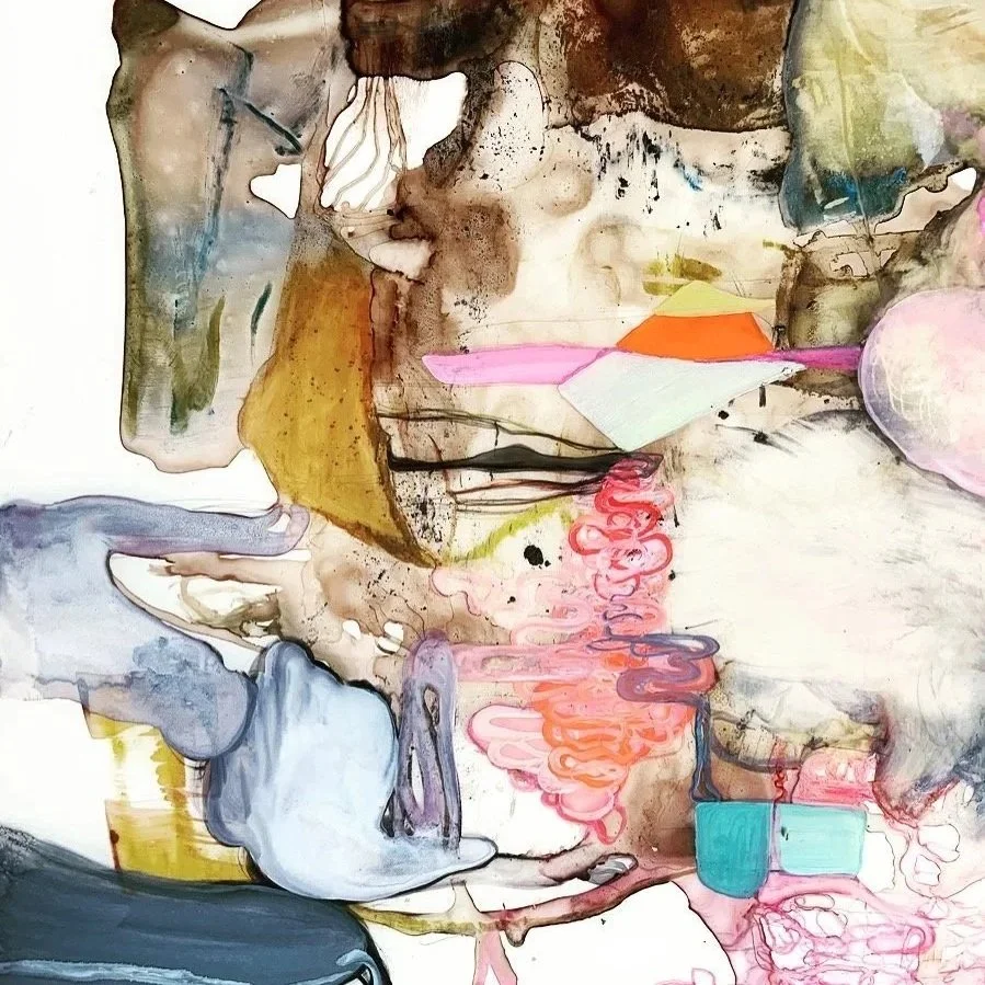 Abstract textured artwork with rough, distressed surfaces in blue, white, and beige tones, featuring chaotic lines and scratches, overlaid with red streaks and organic patterns.