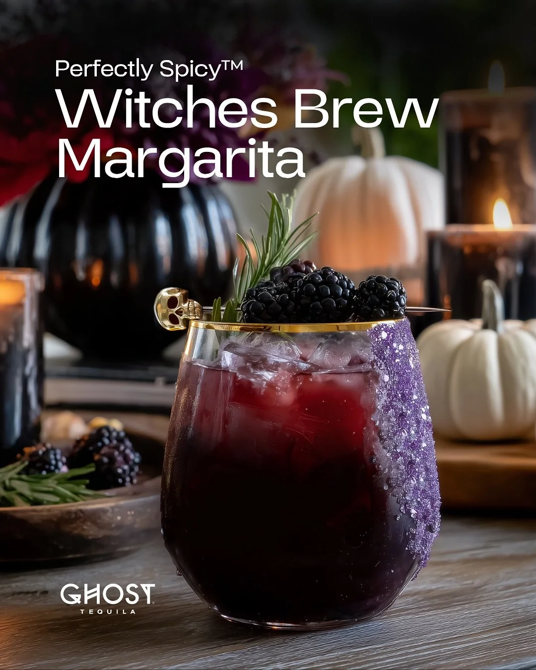 This witch&rsquo;s potion will turn anyone into a fun person (results may vary by margarita) 🔮

Perfectly Spicy Witches Brew Margarita 

Ingredients:
2 oz Ghost Tequila
1 oz Triple Sec
1 oz Blackberry Puree
.5 oz Agave Nectar
1 oz Lime Juice (to tas