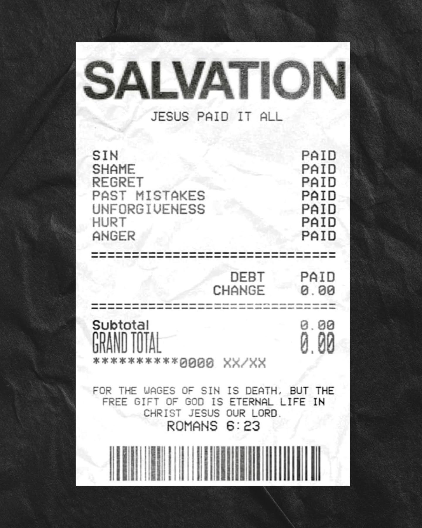 Imagine walking up to the counter with all your mistakes&hellip; and the receipt says: PAID. 🙌🕊️

Jesus didn&rsquo;t just cover some of it, He paid for all. Sin, shame, regrets, even the stuff you still wrestle with&hellip; wiped clean. This is wha
