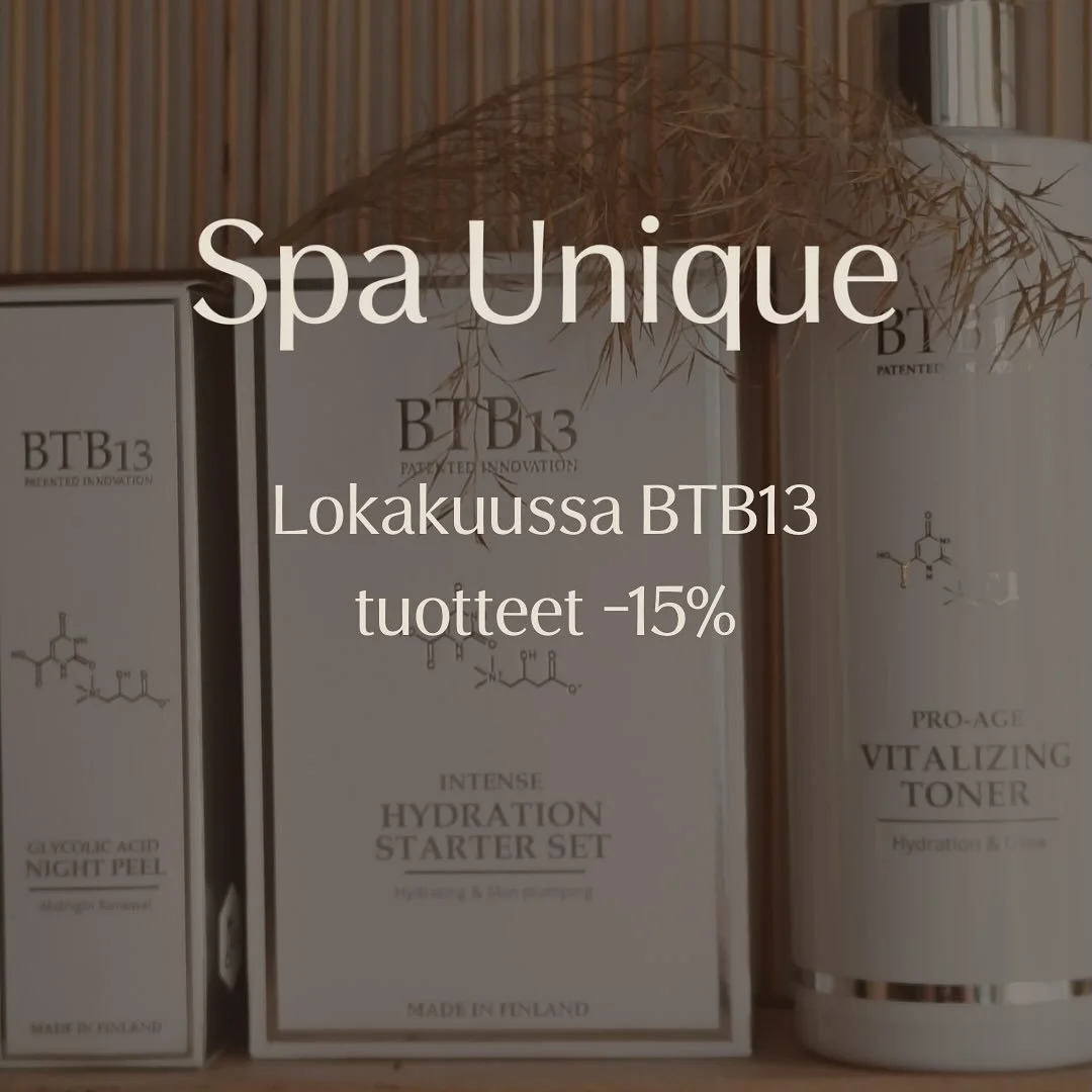 Lokakuussa kaikki BTB13 tuotteet ja tuotesetit -15%!✨

Sarjan tehokkuus perustuu suomalaiseen antioksidanttiseen BTB13 -yhdisteeseen. 
Meilt&auml; l&ouml;yd&auml;t my&ouml;s monipuolisen ja tehokkaan BTB13 Micro-Meso Therapy -mikroneulaukset.

L&auml