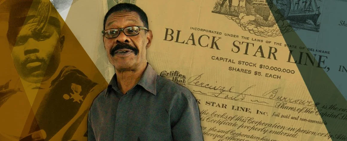 A man with glasses and a mustache standing in front of a large paper document for Black Star Line, Inc., with a vintage black and white photo of a woman on the left side.