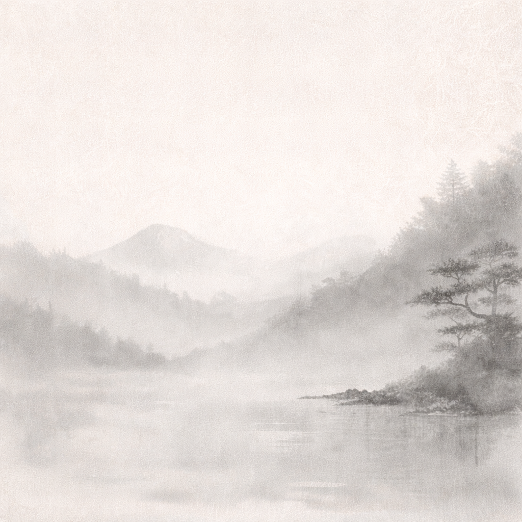 A traditional Japanese ink wash painting of mountains, trees, and a body of water in soft, muted tones.