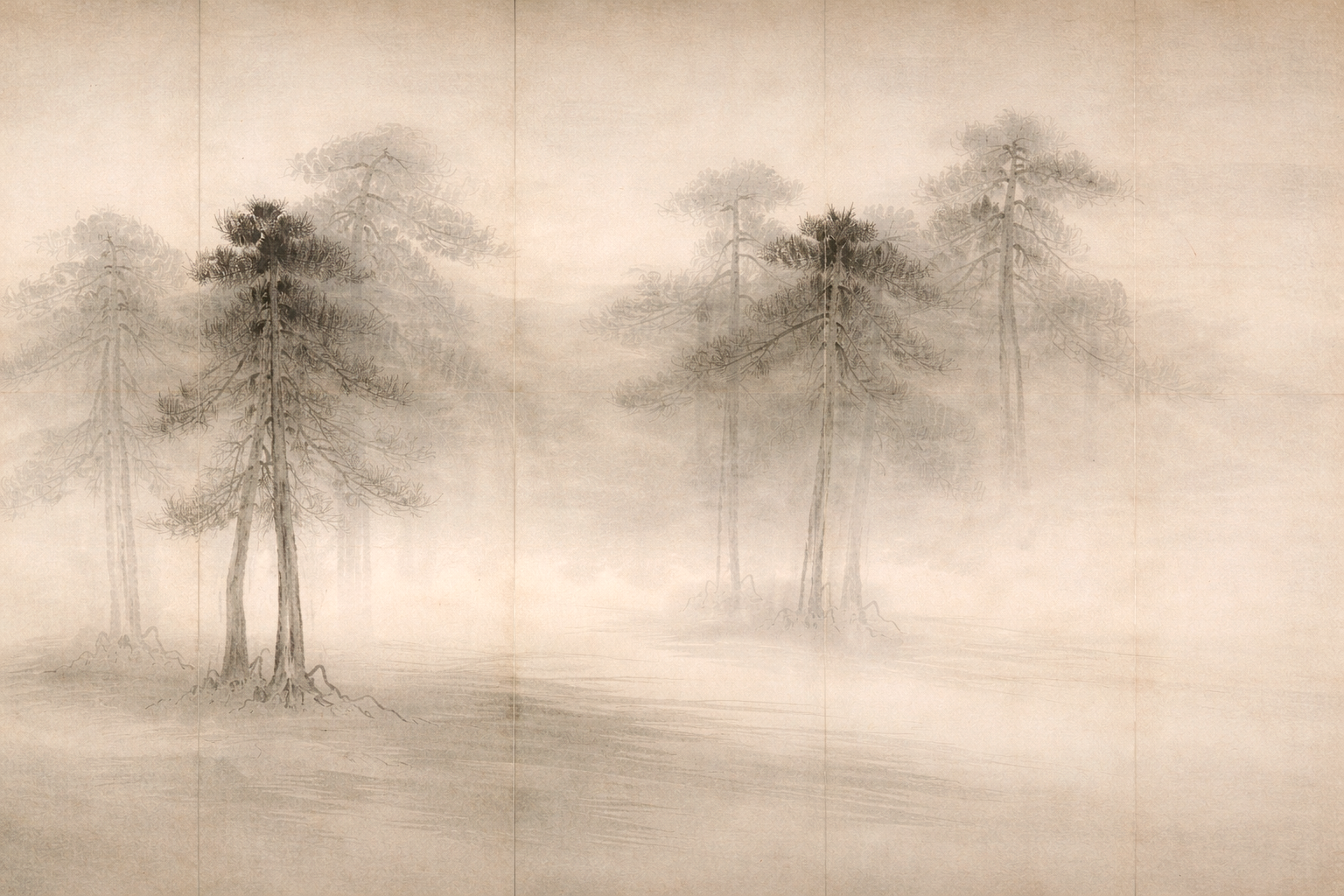Traditional Japanese ink wash painting of pine trees in a misty landscape.