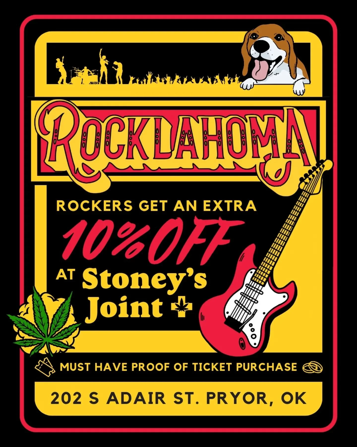 🤘 LET'S GET STONEY, ROCKLAHOMA! 🎸

Rocklahoma is taking over Pryor, OK this weekend, and we're ready to celebrate with you! Don't forget, we're the #bestdoggonedispoinok 🤘🐶

(must be an OMMA-licensed patient, with proof of Rocklahoma attendance)