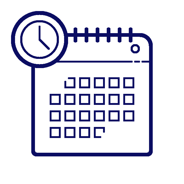 Calendar with a clock in the top left corner, indicating scheduling or time management.