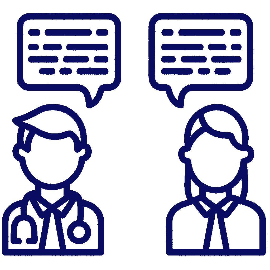 Line drawing of a male doctor and a female healthcare professional engaging in conversation, with speech bubbles above their heads indicating communication.