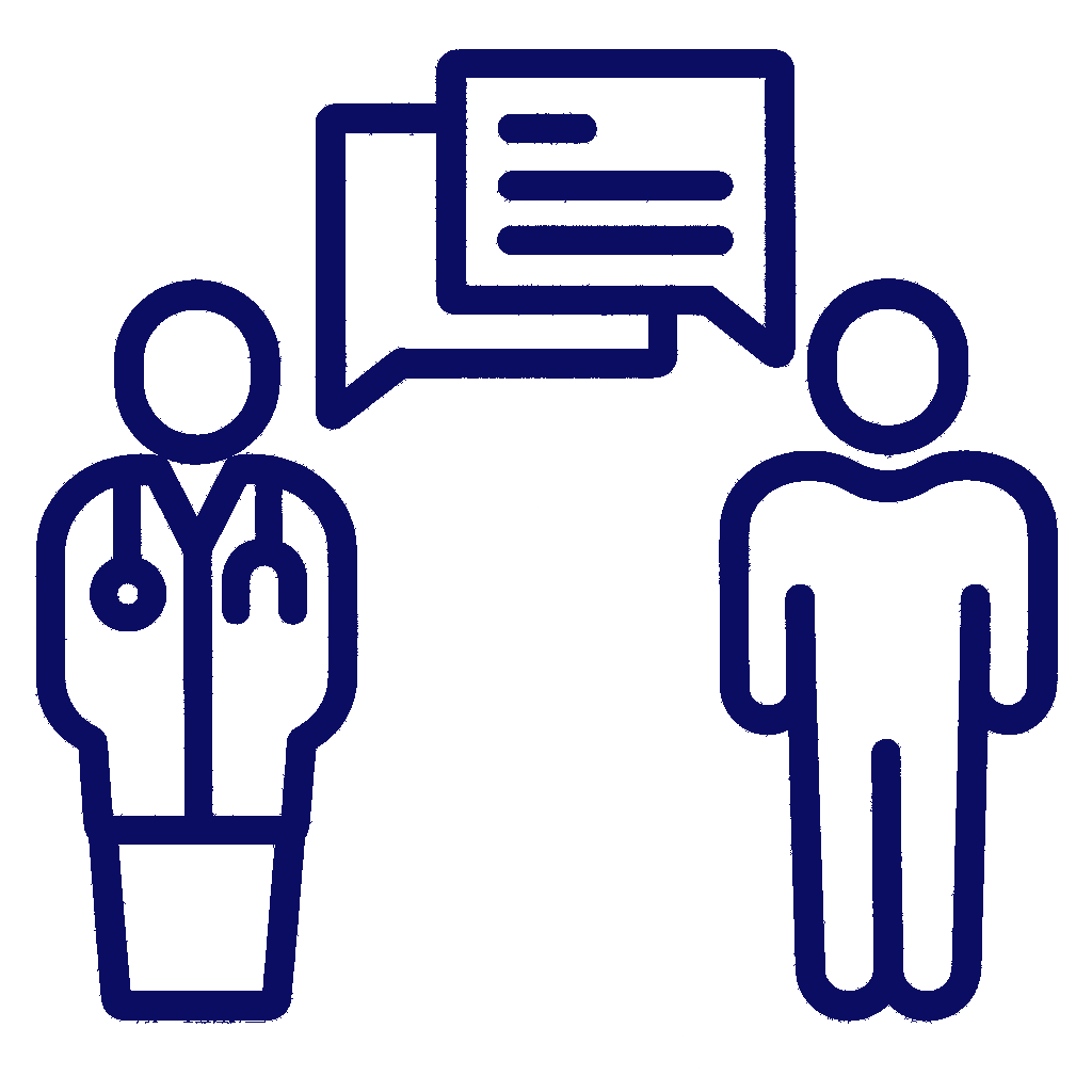 Icon of a doctor and a patient communicating with speech bubbles.