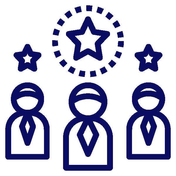 Three stylized figures in suits with ties, with stars and a circle of dashed lines and a large star above them, representing achievement or recognition.