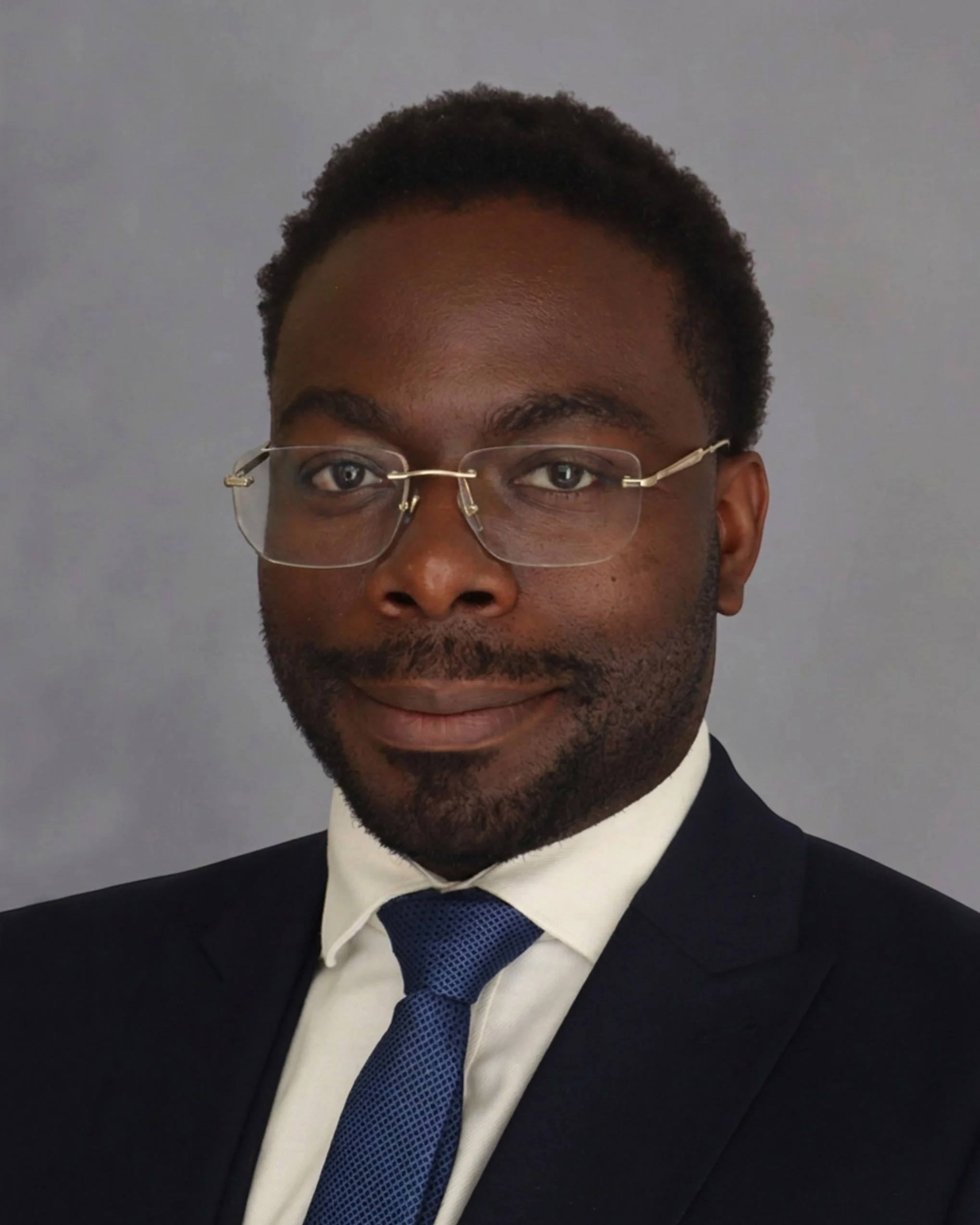 Man wearing glasses in a professional headshot with a dark suit, white shirt, and blue tie against a gray background.