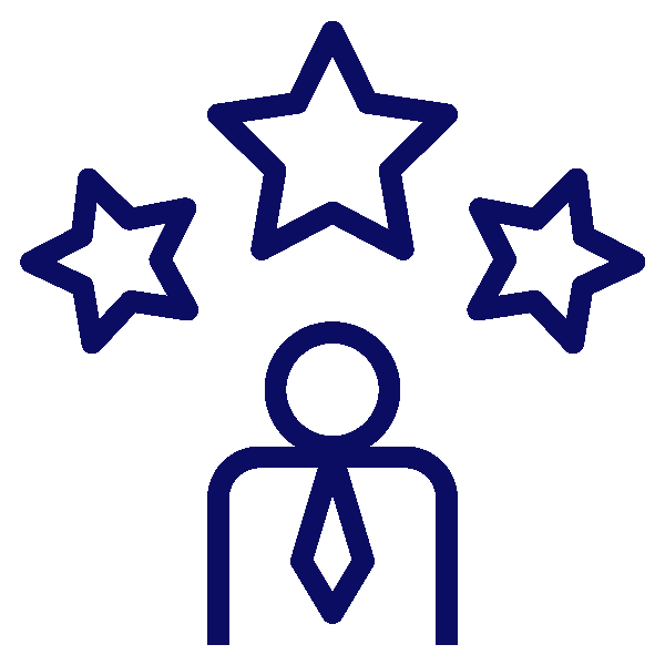 Outline of a person with a tie and three stars above their head, symbolizing recognition or achievement.