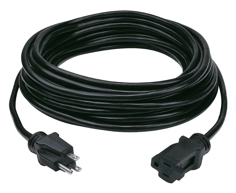 Coiled black extension cord with grounded plug and female connector.