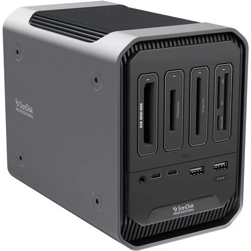 SanDisk Professional external hard drive with multiple slots for storage cards and USB ports.