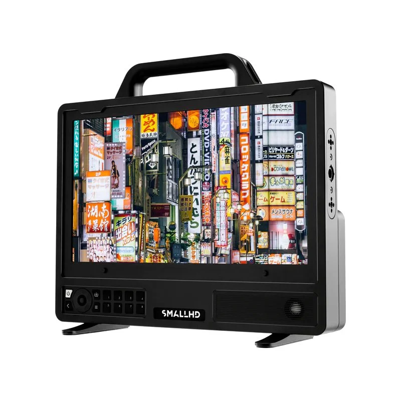 SmallHD 13" UHD 4K High Bright Monitor  a busy cityscape filled with bright, colorful signs and advertisements in Japanese, resembling a city in Japan.