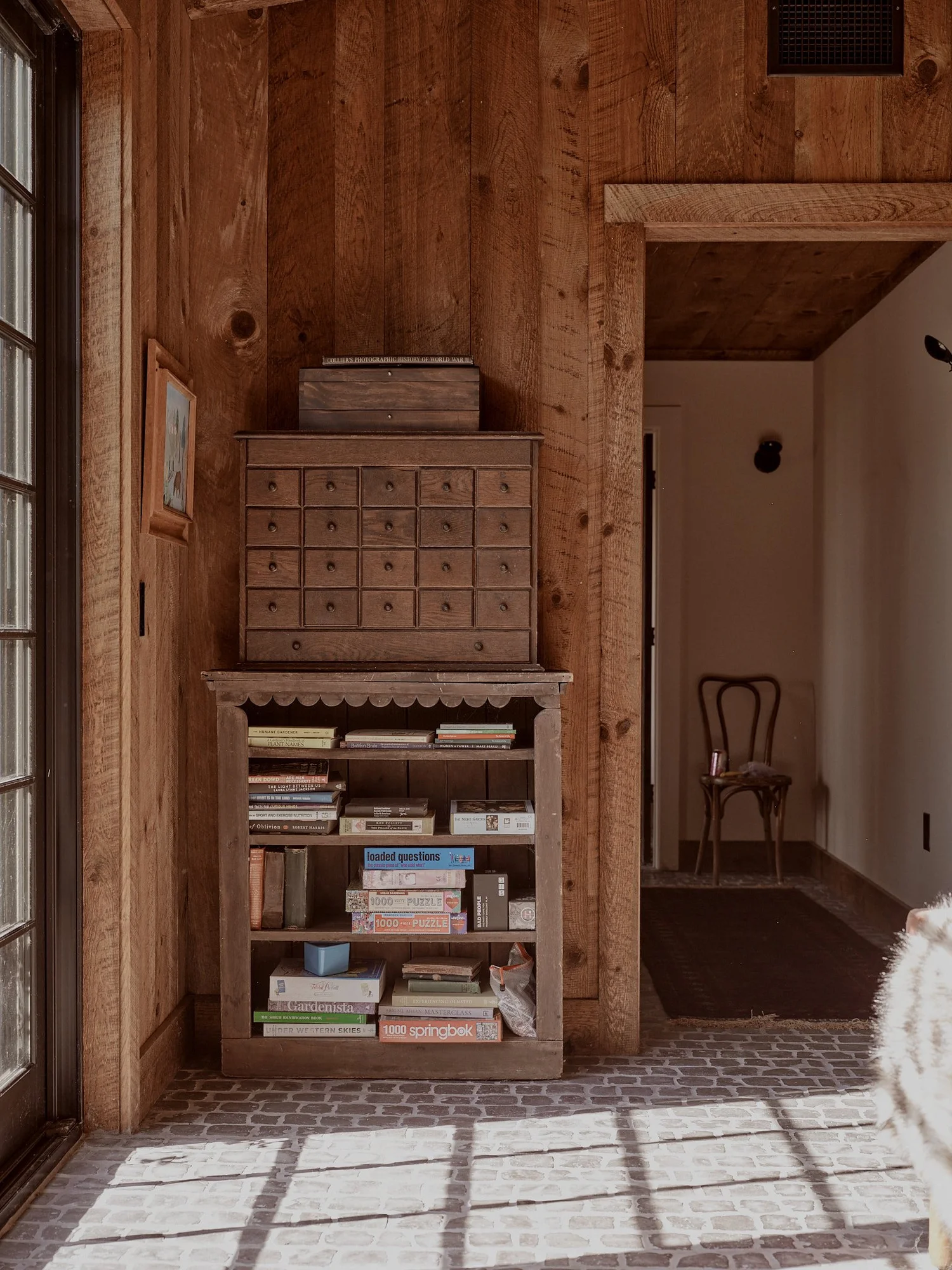 Books on the built-in shelves