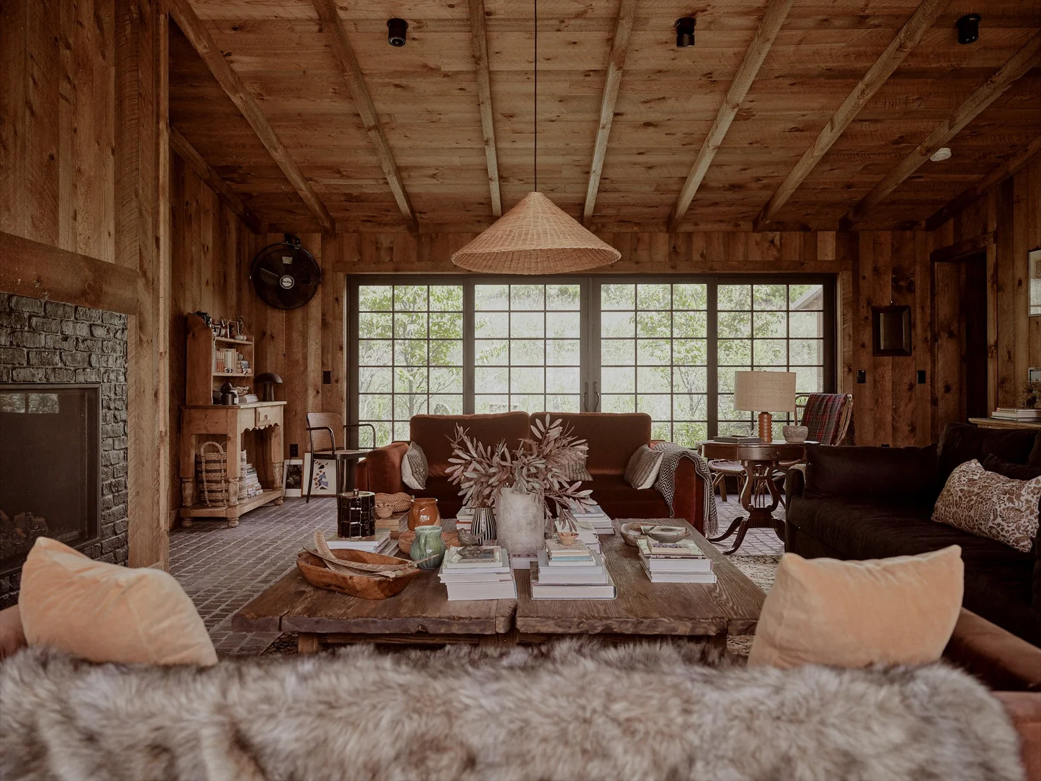 The length of the living room under the pitched ceiling