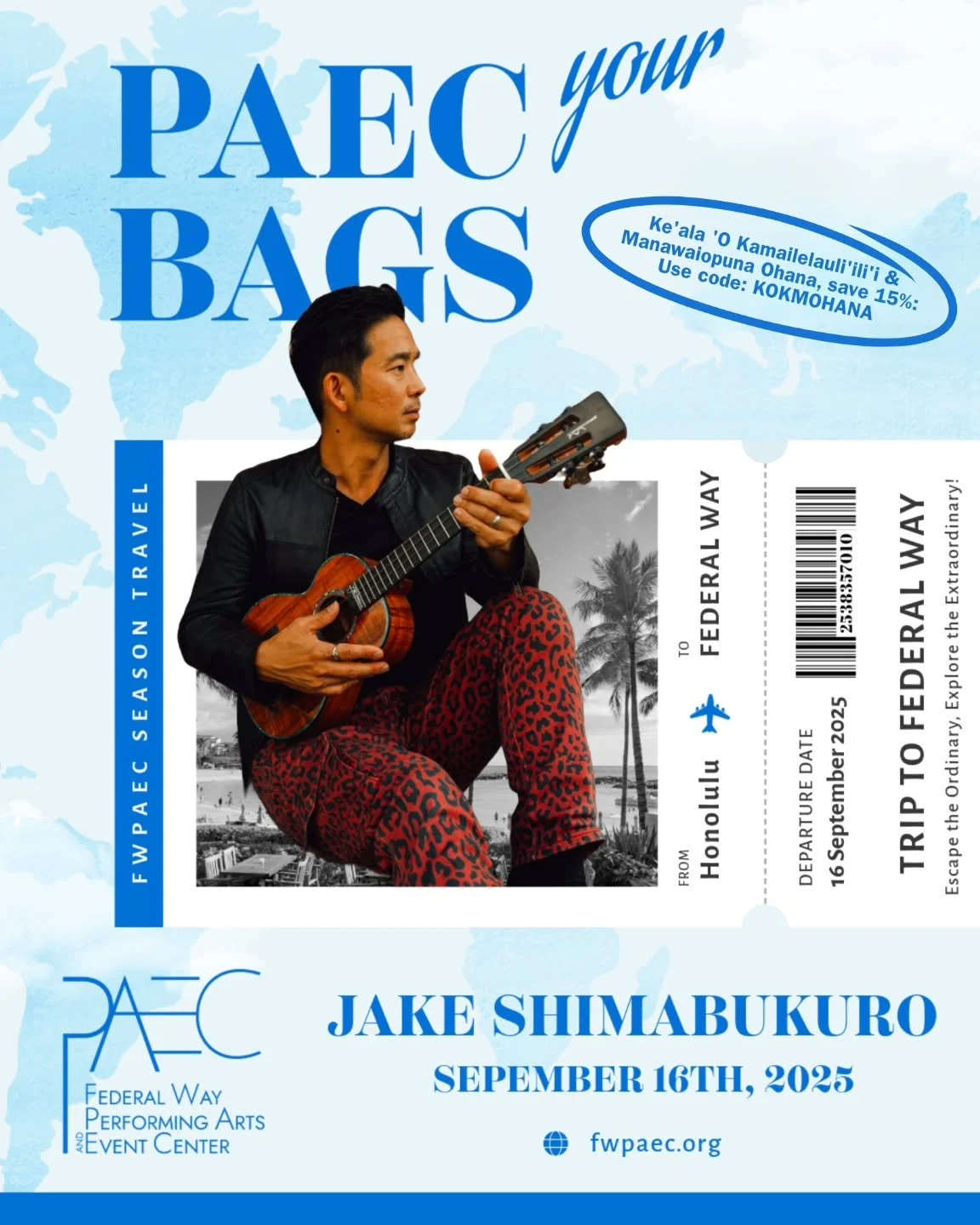 Mark your calendars!! 🗓

✈️ Next month, Honolulu's own Jake Shimabukuro returns to Federal Way! 🌺

September 16th, 7:00pm, at the PAEC! 

Use our promo code &quot;KOKMOHANA&quot; to save 15%. 

Event and Ticketing link available in our bio.